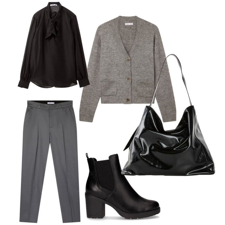 Outfit donna - Semplicemente autunno. Stile Casual chic per Tutti i giorni. Abbinamento con shopping bag, pantaloni chino, cardigans, bluse, stivaletti chelsea.