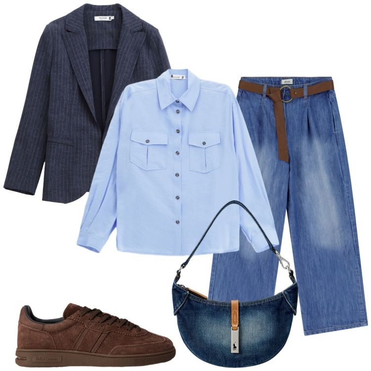 Outfit donna - Total look #2261923. Stile Basic per Ufficio. Abbinamento con camicie, blazer, jeans, borse a spalla, sneakers.