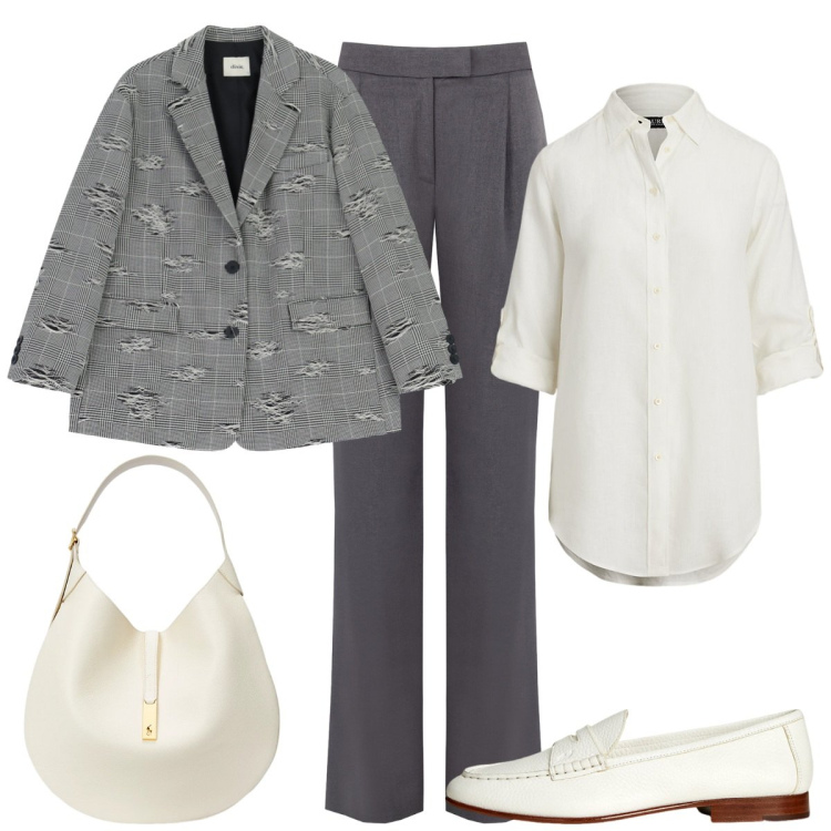 Outfit donna - Total look #2261924. Stile Basic per Ufficio. Abbinamento con pantaloni, blazer, borse a spalla, mocassini, camicie.