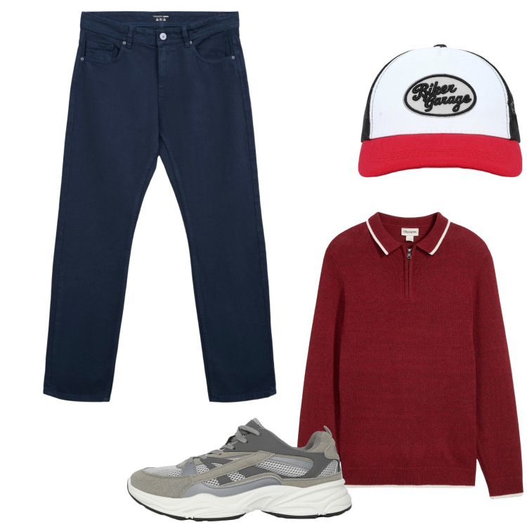 Outfit uomo - Total look #2261926. Stile Casual per Tutti i giorni. Abbinamento con maglieria, cappelli con visiera, sneakers, jeans dritti.