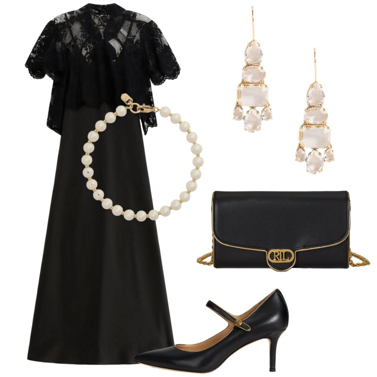 Outfit donna - Molto chic. Stile Chic per Cerimonia. Abbinamento con vestiti lunghi, braccialetti, orecchini, décolleté, borse a tracolla.