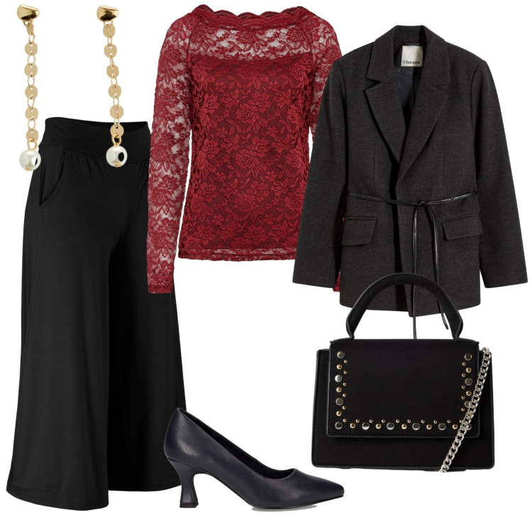 Outfit donna - Pizzo bordeaux. per Serata fuori. Abbinamento con pantaloni culotte, maglieria, blazer, orecchini, borse a tracolla, décolleté.