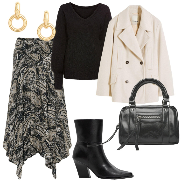 Outfit donna - A lavoro. per Ufficio. Abbinamento con maglieria, gonne longuette, caban, stivaletti, borse a mano, orecchini.