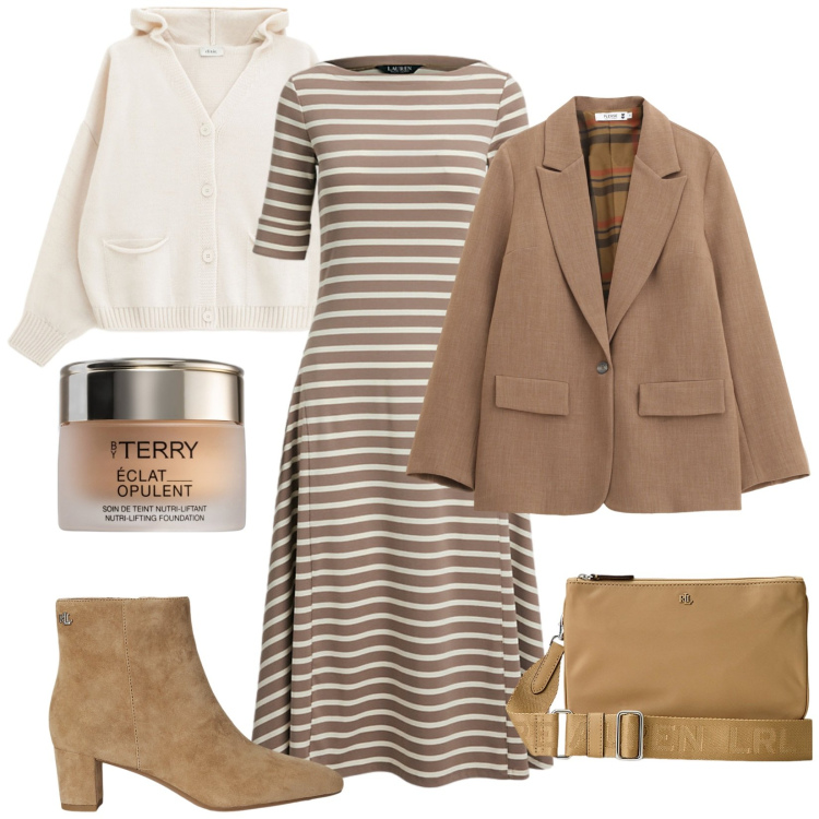 Outfit donna - Passeggiata autunnale. Stile Casual per Tutti i giorni. Abbinamento con fondotinta, blazer, cardigans, vestiti, borse a tracolla, stivaletti.