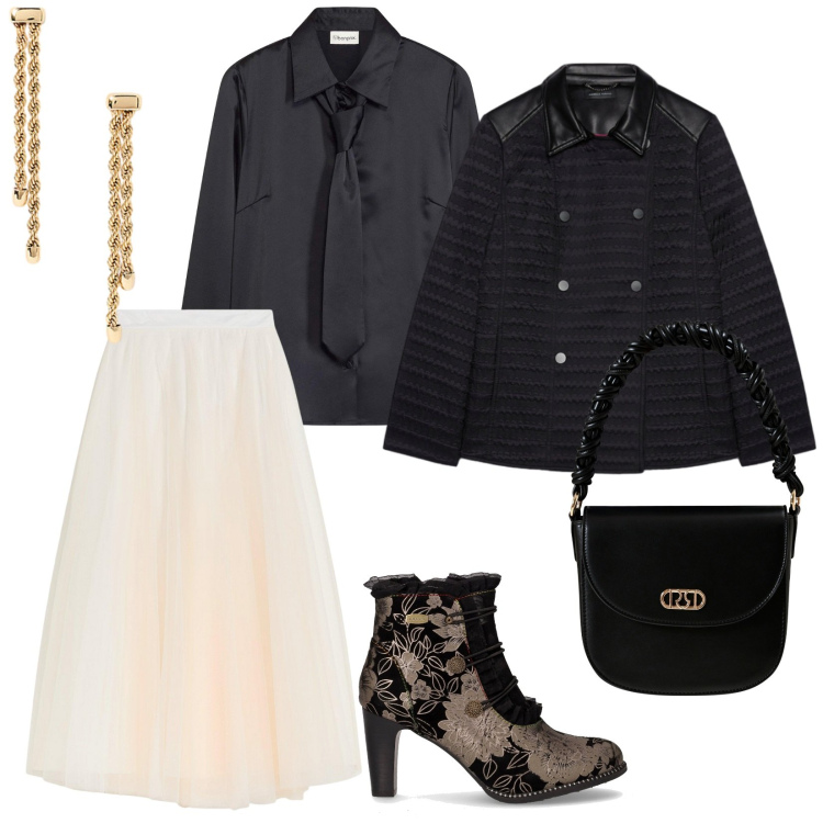 Outfit donna - Festa tra amici. per Serata fuori. Abbinamento con gonne lunghe, camicie, borse a mano, orecchini, stivaletti, blazer.