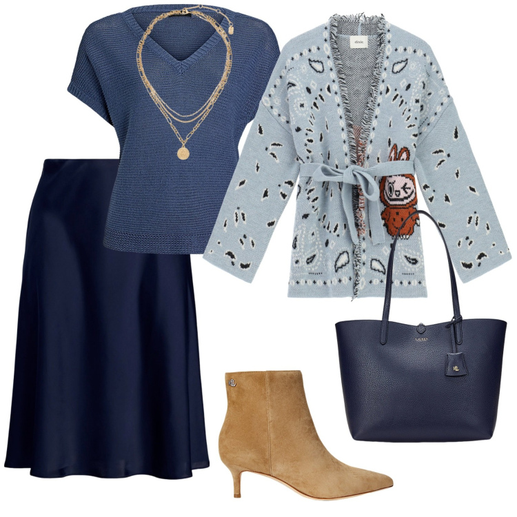 Outfit donna - Ultimi giorni di caldo. per Tutti i giorni. Abbinamento con cardigans, gonne, borse tote, stivaletti, maglieria, ciondoli.