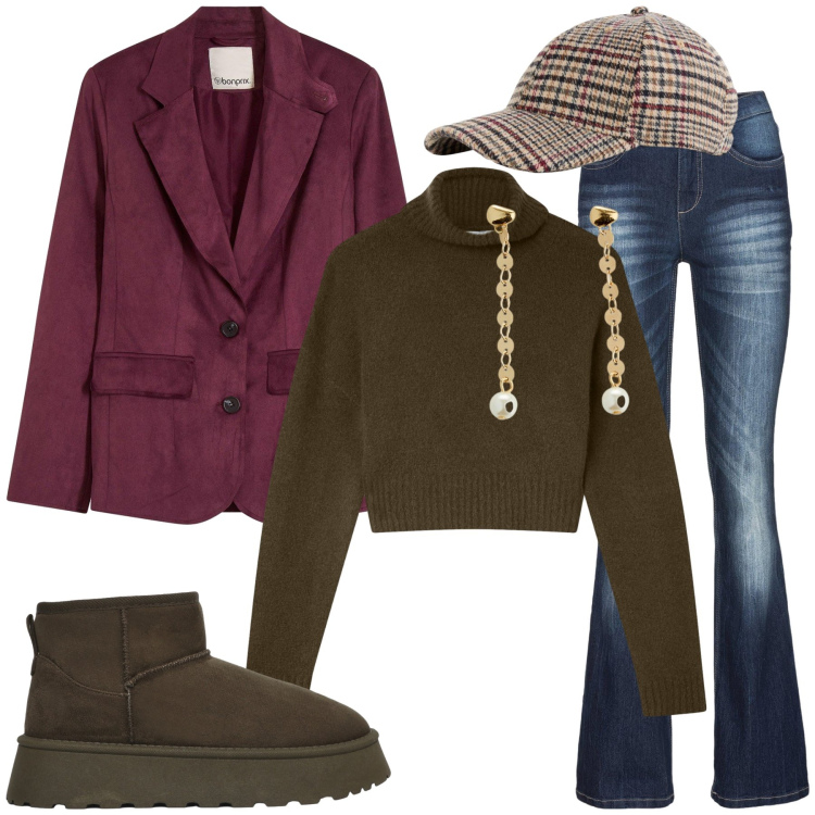 Outfit donna - Verde e bordeaux. Stile Casual chic per Tutti i giorni. Abbinamento con jeans bootcut, blazer, cappelli con visiera, orecchini, maglieria, stivali.