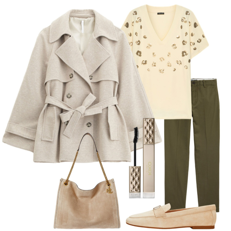 Outfit donna - Il trench corto. Stile Casual chic per Tutti i giorni. Abbinamento con mascara, trench, pantaloni chino, mocassini, borse tote, t-shirt.