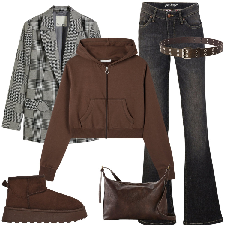 Outfit donna - Marrone e qudri. Stile Casual chic per Tutti i giorni. Abbinamento con jeans bootcut, blazer, borse a tracolla, cinture, felpe con cappuccio, stivaletti.