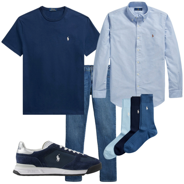 Outfit uomo - Total look #2261947. Stile Casual per Tutti i giorni. Abbinamento con t-shirt, camicie, calzini, jeans, sneakers.