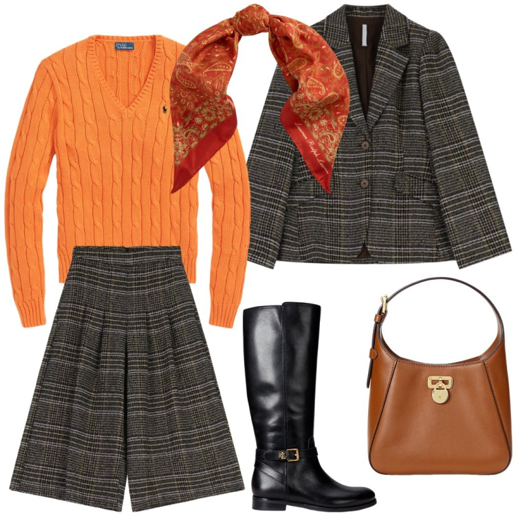 Outfit donna - Tartan per l\'ufficio o il tempo libero. Stile Trendy per Tutti i giorni. Abbinamento con pantaloni a palazzo, blazer, stivali, maglieria, borse a tracolla, foulard.