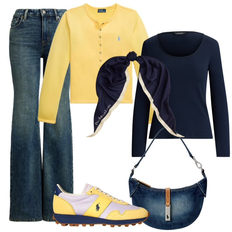 Outfit donna - Total look #2261949. Stile Basic per Tutti i giorni. Abbinamento con cardigans, borse a spalla, foulard, jeans, sneakers, t-shirt.