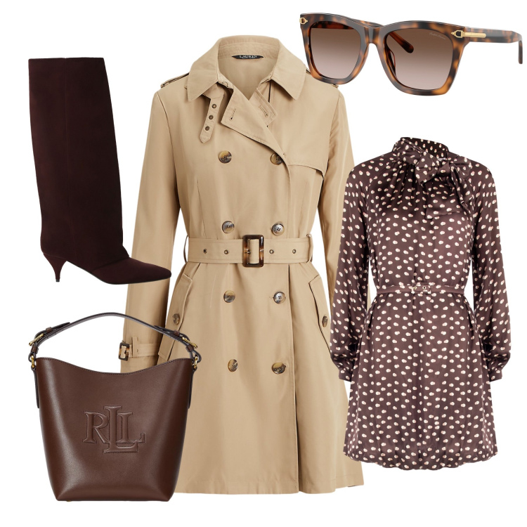 Outfit donna - In ufficio con stile. Stile Casual chic per Ufficio. look ideale per Petite. Abbinamento con vestiti chemisier, stivali, borse a secchiello, trench, occhiali da sole.