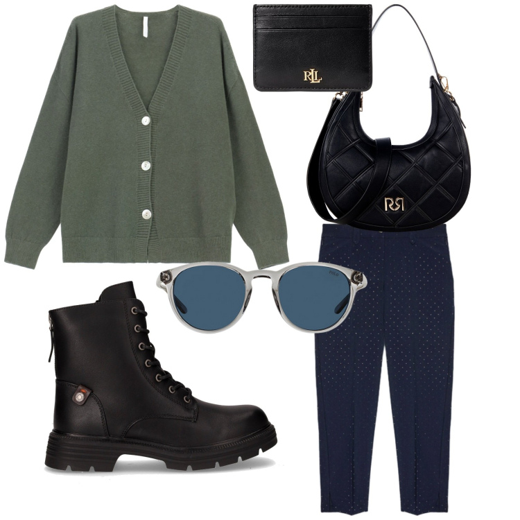 Outfit donna - Due passi per la città. Stile Casual per Tutti i giorni. Abbinamento con borse a tracolla, cardigans, occhiali da sole, portafogli, anfibi, pantaloni.
