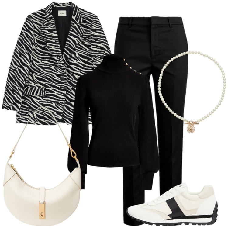 Outfit donna - Total look #2261952. Stile Basic per Serata fuori. Abbinamento con blazer, ciondoli, borse a spalla, maglieria, sneakers, pantaloni.