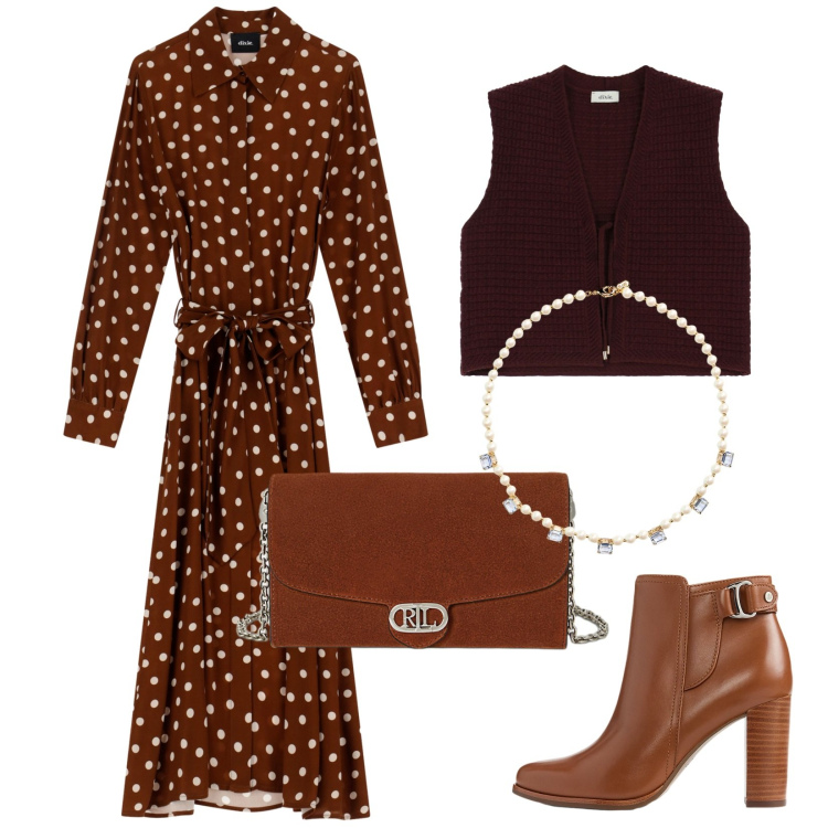 Outfit donna - Brunch di lavoro. Stile Trendy per Ufficio. Abbinamento con gilet, vestiti, collane, stivaletti, borse a tracolla.