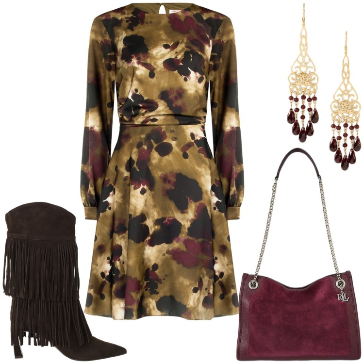 Outfit donna - Il vestito color foglie d\'autunno. Stile Chic per Serata fuori. Abbinamento con vestiti midi/longuette, stivali, borse tote, orecchini.