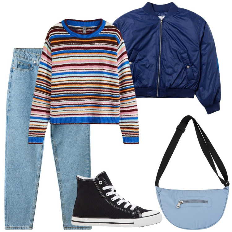 Outfit donna - Total look #2261961. Stile Basic per Scuola/Università. Abbinamento con sneakers alte, maglieria, jeans mom, bomber, borse a tracolla.