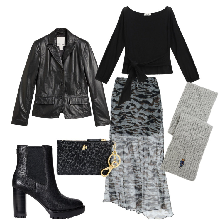 Outfit donna - Total look #2261966. Stile Chic per Serata fuori. Abbinamento con blazer, gonne lunghe, top, sciarpe, portafogli, stivaletti chelsea.