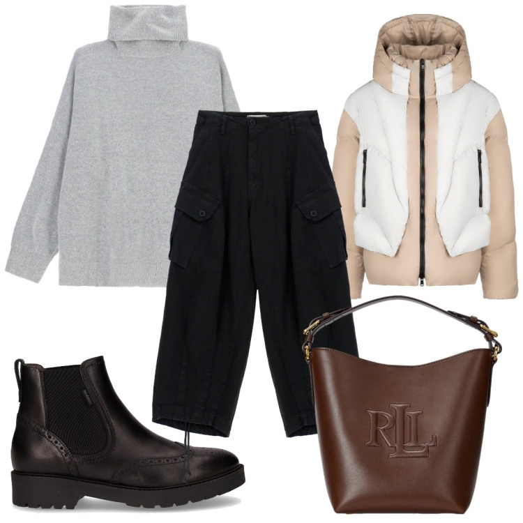 Outfit donna - Total look #2261973. Stile Trendy per Tutti i giorni. Abbinamento con pantaloni, maglieria, piumini, borse a secchiello, stivaletti chelsea.