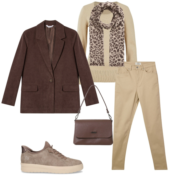 Outfit donna - Total look #2261981. Stile Casual chic per Tutti i giorni. Abbinamento con maglieria, pantaloni skinny, blazer, sciarpe, borse a tracolla, sneakers.