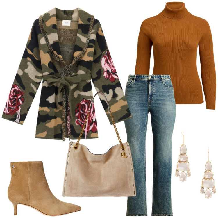 Outfit donna - Casual con stile. Stile Casual chic per Tutti i giorni. Abbinamento con cardigans, jeans, stivaletti, maglieria, borse tote, orecchini.