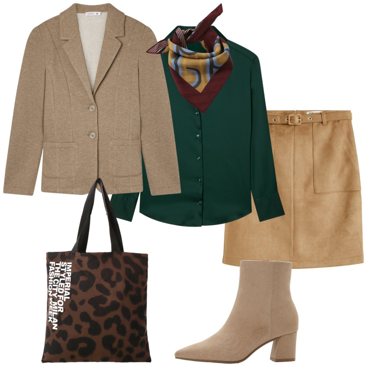 Outfit donna - Total look #2261986. Stile Casual chic per Tutti i giorni. Abbinamento con gonne, stivaletti, camicie, blazer, shopping bag, foulard.