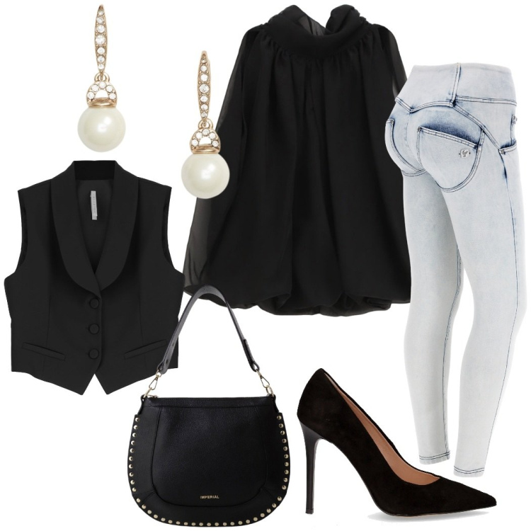 Outfit donna - Serata speciale. Stile Sexy per Serata fuori. Abbinamento con borse a spalla, gilet, bluse, jeans skinny, orecchini, décolleté.