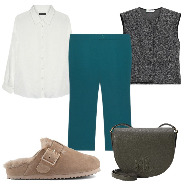 Outfit donna - Total look #2261994. Stile Trendy per Tutti i giorni. Abbinamento con gilet, borse a tracolla, pantaloni, sabot, camicie.