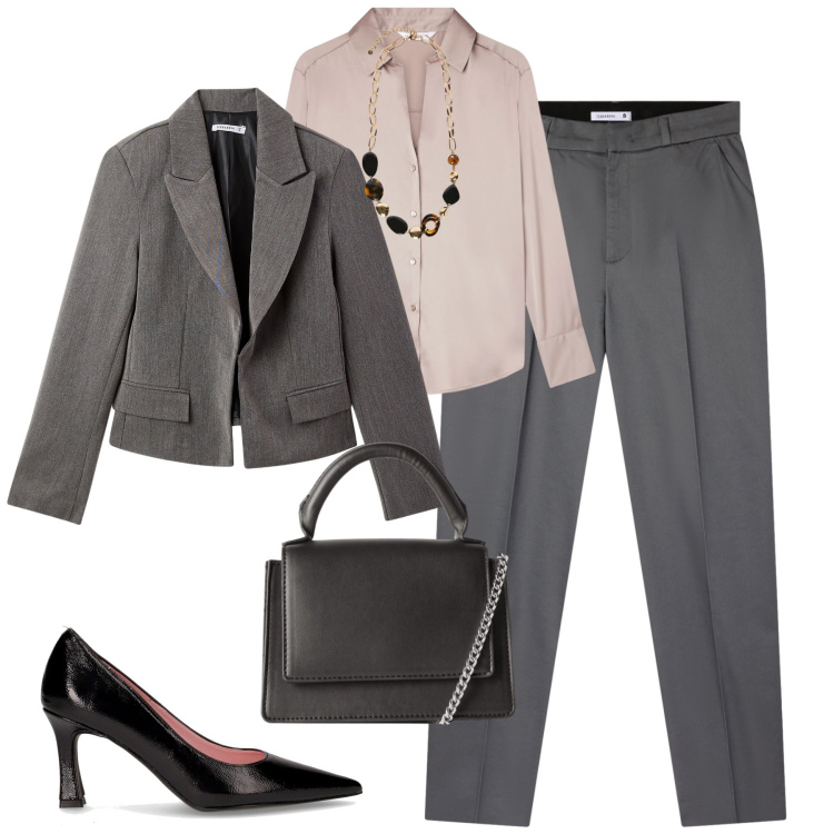 Outfit donna - Minimal chic. Stile Minimal per Tutti i giorni. Abbinamento con blazer, camicie, pantaloni chino, borse a tracolla, collane, décolleté.