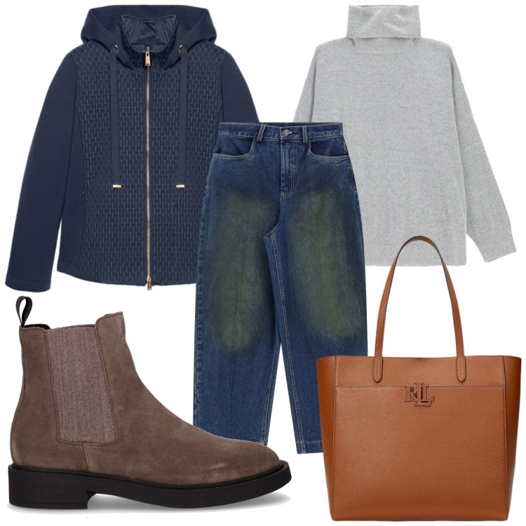 Outfit donna - Total look #2261998. Stile Basic per Tutti i giorni. Abbinamento con maglieria, jeans, borse tote, stivaletti chelsea, blazer.