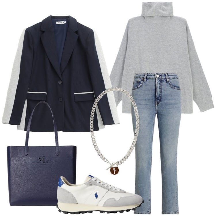 Outfit donna - Urban style. Stile Urban per Tutti i giorni. Abbinamento con blazer, maglieria, jeans dritti, borse tote, ciondoli, sneakers.