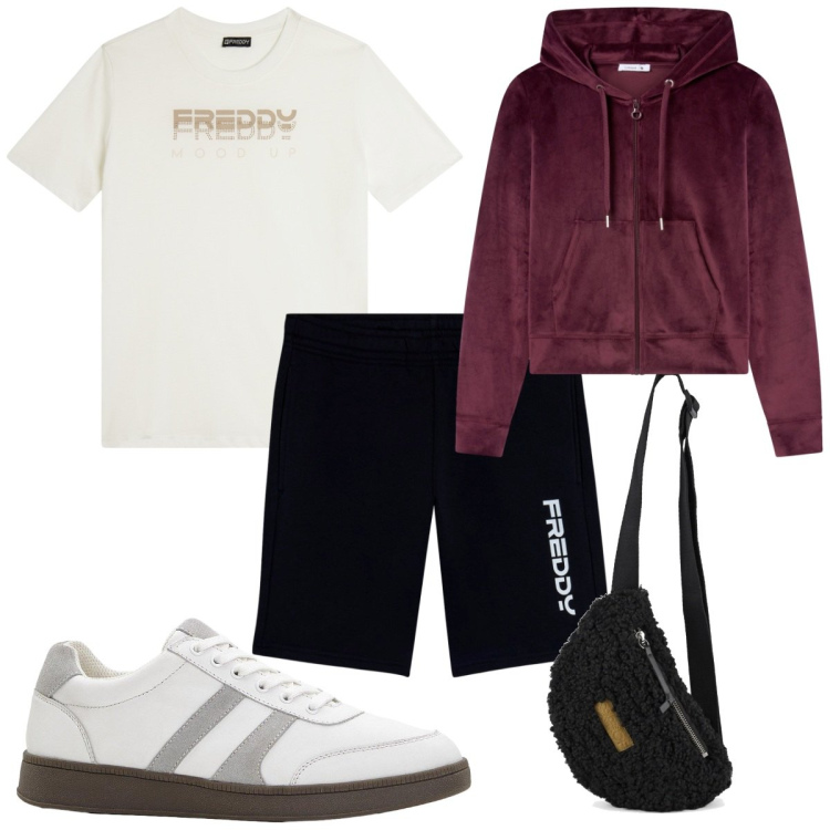 Outfit donna - Total look #2262000. Stile Basic per Sport. Abbinamento con sneakers, felpe con cappuccio, t-shirt, bermuda, marsupi.