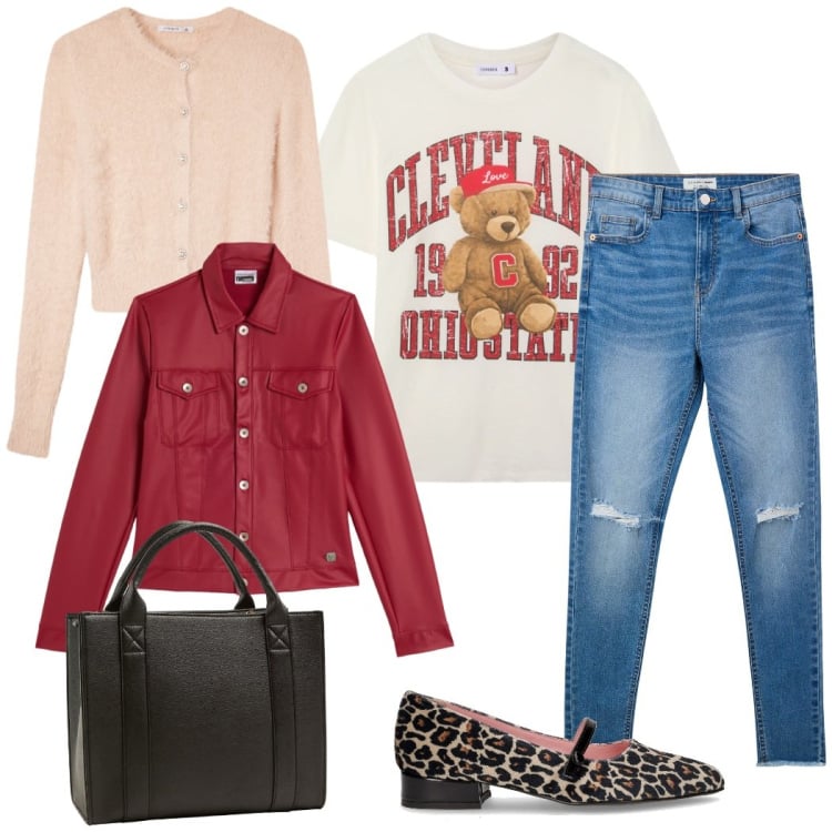 Outfit donna - Lezione all\' università. Stile Casual per Scuola/Università. Abbinamento con jeans strappati, cardigans, t-shirt, borse tote, giacche, ballerine.