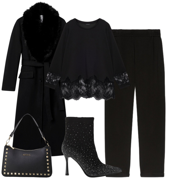 Outfit donna - Black. Stile Casual chic per Tutti i giorni. Abbinamento con cappotti, pochette, stivaletti, bluse, pantaloni.