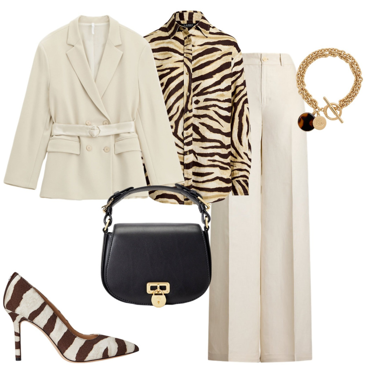 Outfit donna - Ottobre. Stile Glamour per Cerimonia. Abbinamento con blazer, borse a tracolla, décolleté, pantaloni, camicie, braccialetti con ciondoli.