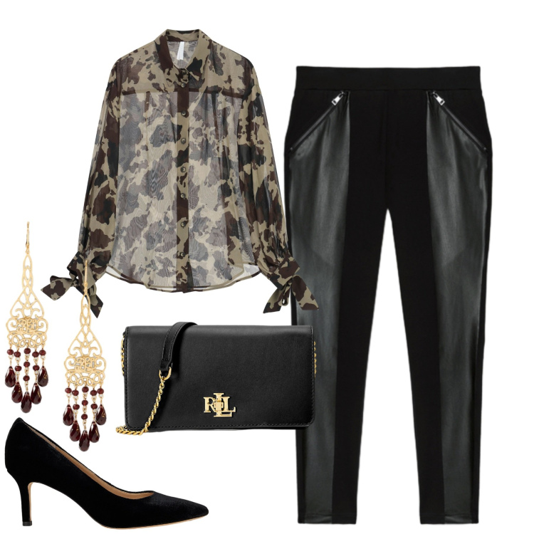 Outfit donna - Serata. Stile Trendy per Serata fuori. Abbinamento con camicie, borse a mano, orecchini, décolleté, leggings.
