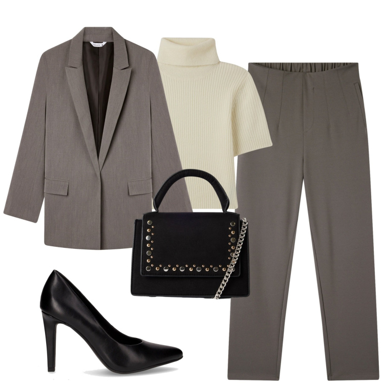 Outfit donna - In ufficio. Stile Minimal per Tutti i giorni. Abbinamento con pantaloni chino, maglieria, borse a tracolla, blazer, décolleté.