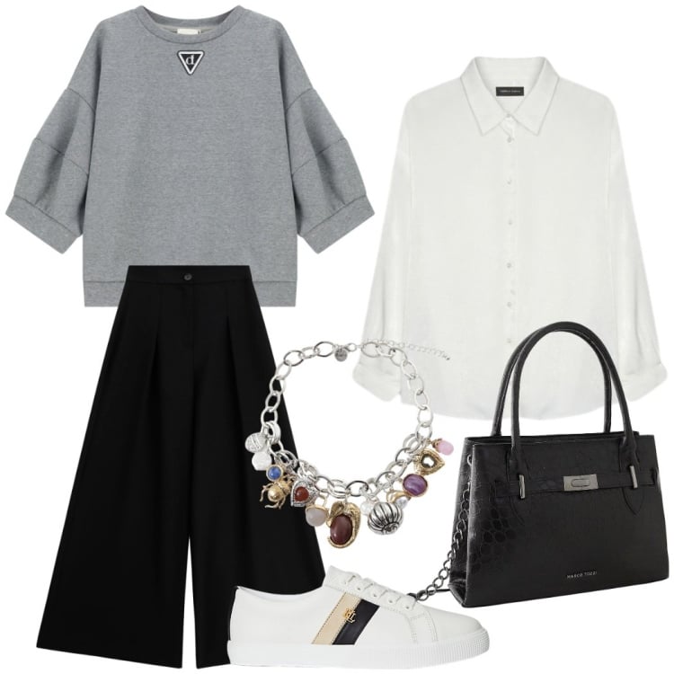 Outfit donna - Mix di stili effetto chic. Stile Sporty chic per Tutti i giorni. Abbinamento con borse a mano, felpe, braccialetti con ciondoli, pantaloni a palazzo, sneakers, camicie.