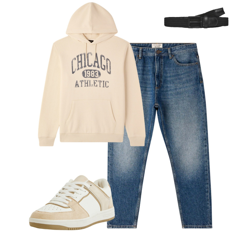 Outfit uomo - Ottobre. Stile Casual per Tutti i giorni. Abbinamento con sneakers, cinture, jeans, felpe con cappuccio.