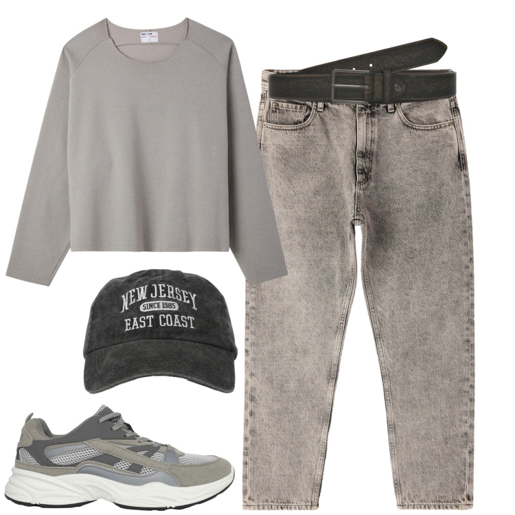 Outfit uomo - Terranova. Stile Casual per Tutti i giorni. Abbinamento con sneakers, cinture, cappelli con visiera, jeans dritti, felpe.