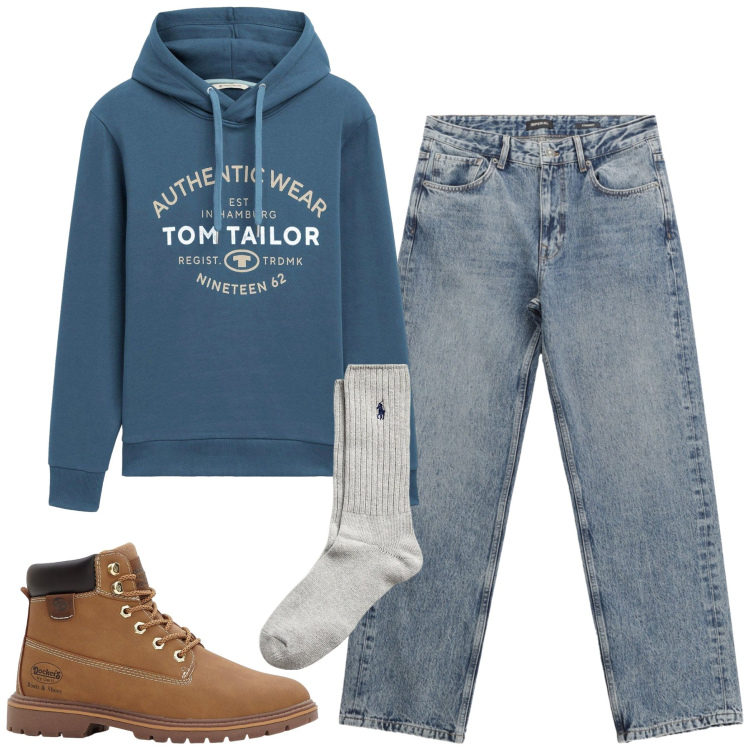 Outfit uomo - Tono su tono. Stile Casual per Tutti i giorni. Abbinamento con stivali e stivaletti, felpe con cappuccio, jeans dritti, calzini.