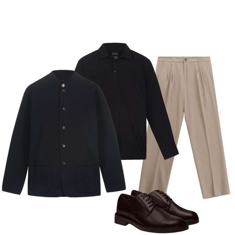 Outfit uomo - Essenziale ma elegante. Stile Business/Elegante per Ufficio. Abbinamento con pantaloni, polo, giacche, scarpe stringate.