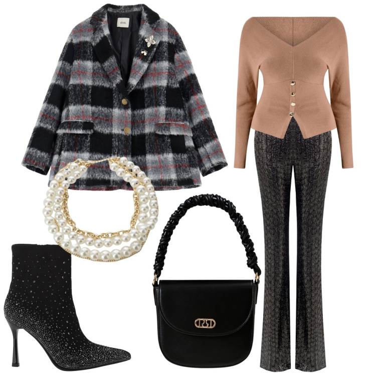 Outfit donna - Serata cinema. Stile Trendy per Serata fuori. Abbinamento con maglieria, pantaloni, borse a mano, stivaletti, blazer, collane.