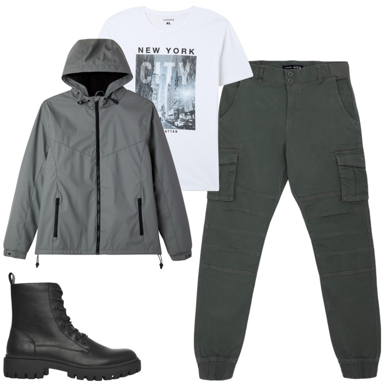 Outfit uomo - Ottobre. Stile Casual per Tutti i giorni. Abbinamento con t-shirt, pantaloni cargo, anfibi, giacche sportive.