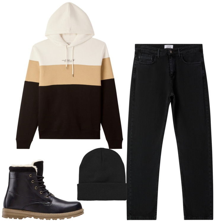 Outfit uomo - City. Stile Casual per Tutti i giorni. Abbinamento con stivali e stivaletti, felpe con cappuccio, berretti, jeans dritti.