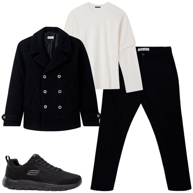 Outfit uomo - Ottobre. Stile Casual per Tutti i giorni. Abbinamento con sneakers, cappotti, pantaloni chino, t-shirt.