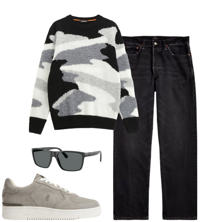 Outfit uomo - City. Stile Casual per Tutti i giorni. Abbinamento con maglieria, jeans dritti, occhiali da sole, sneakers.