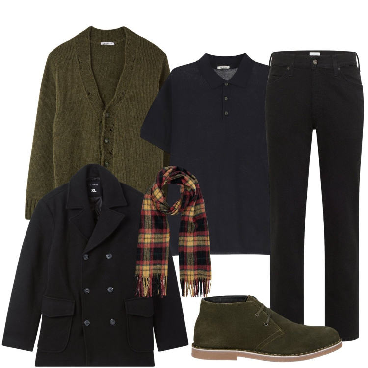 Outfit uomo - Vestirsi a strati. Stile Casual per Tutti i giorni. Abbinamento con jeans dritti, cardigans, cappotti, polo, stivali e stivaletti, sciarpe.