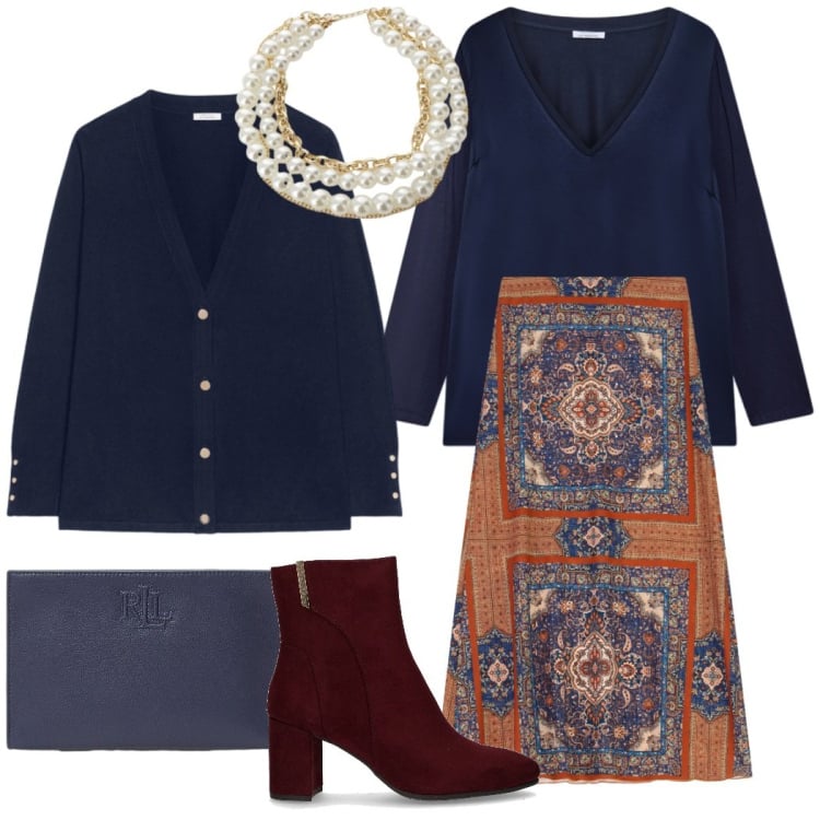 Outfit donna - Cena di famiglia. Stile Chic per Serata fuori. Abbinamento con gonne lunghe, collane, pochette, bluse, cardigans, stivaletti.